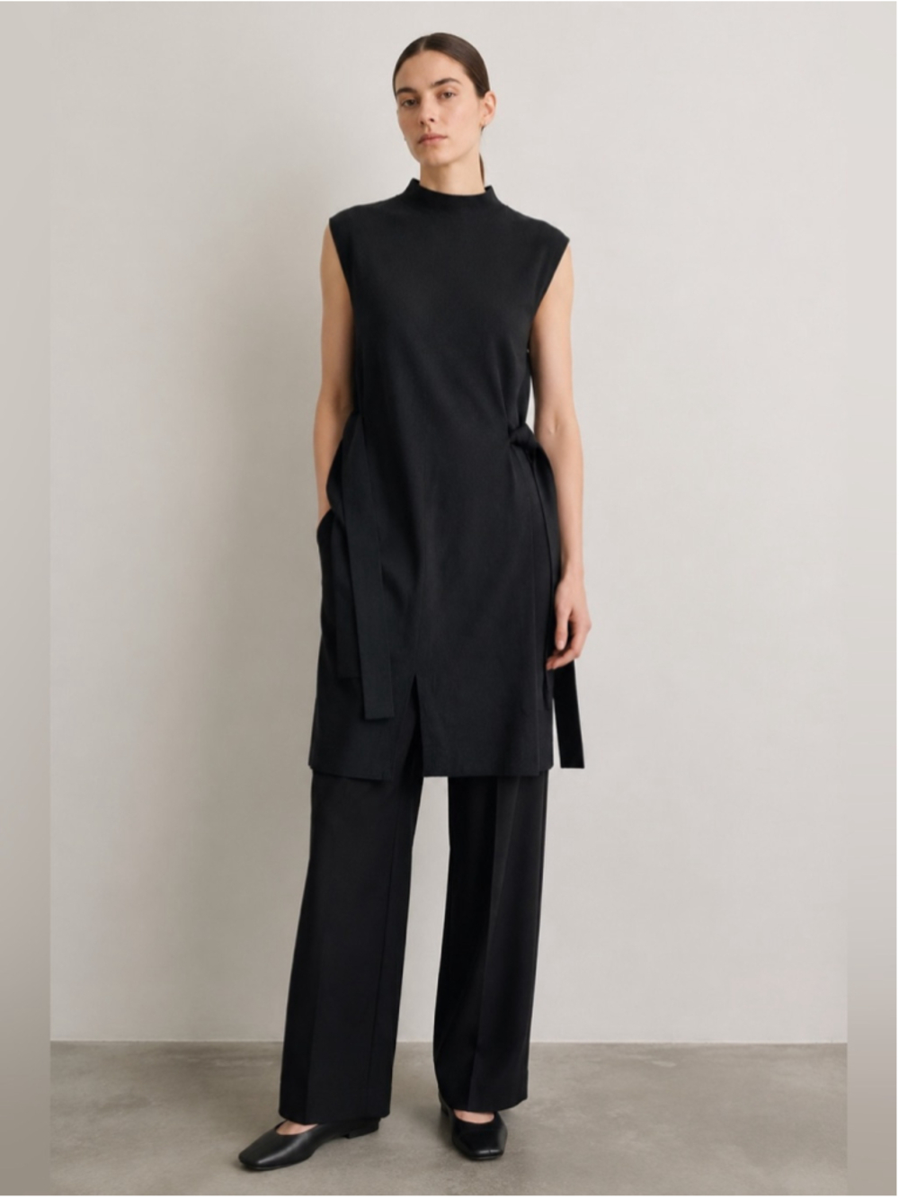 COS Belt-Detail Merino Wool Mock-Neck Dress Tunic Black Sz M Sleeveless Tie